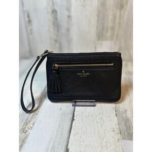 Kate Spade Black Pebbled Leather Wristlet Pouch Gold Hardware Tassel Zip